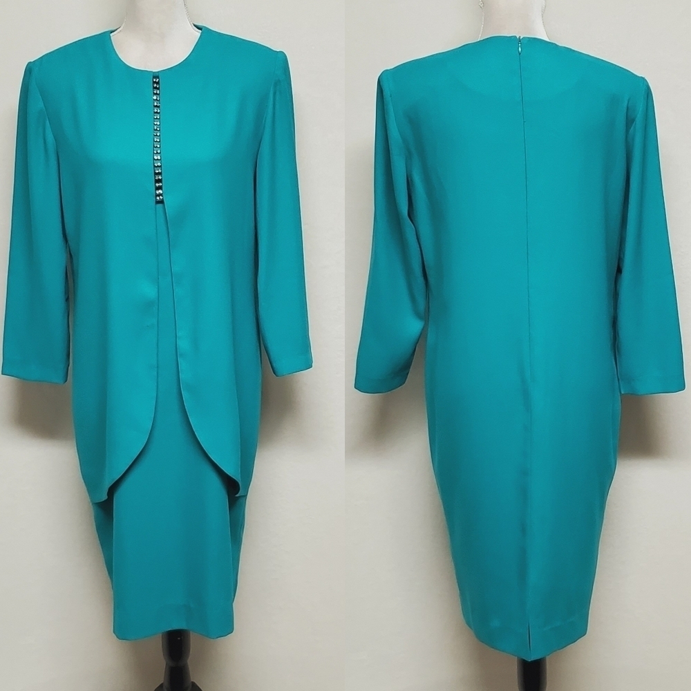 Vintage 60s Caron Teal Crepe Crystal Embellished Layered Long Sleeve Midi Dress